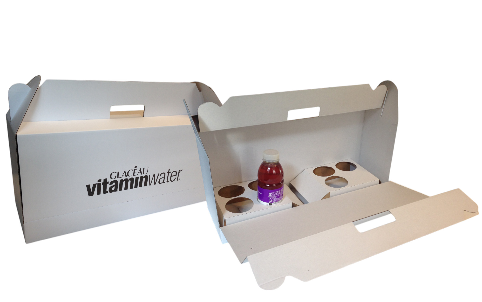 Boîte en Carton Microcannelure -poignée découpée - logo VITAMIN WATER