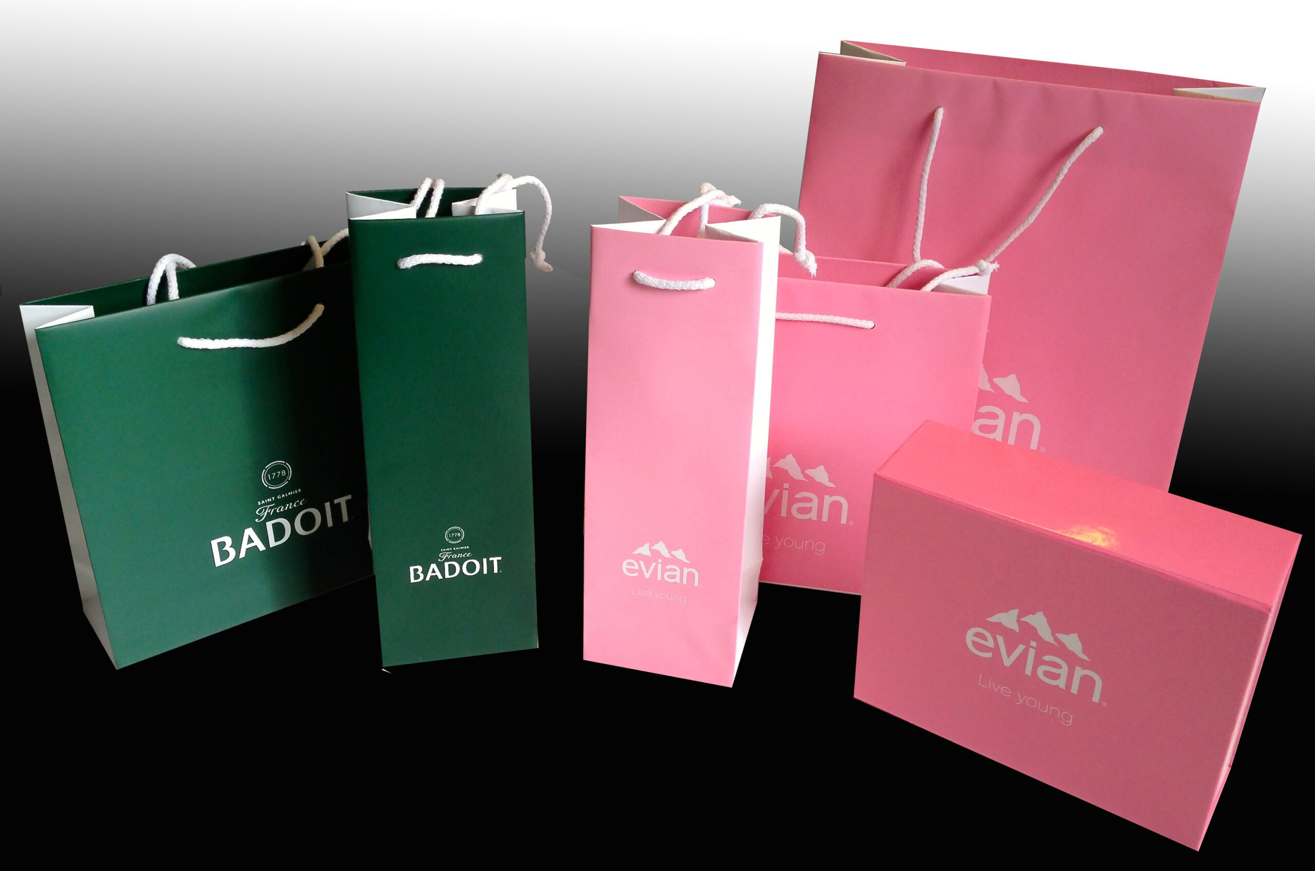 différents emballages sacs et boîtes papier - rose et vert - logo EVIAN
