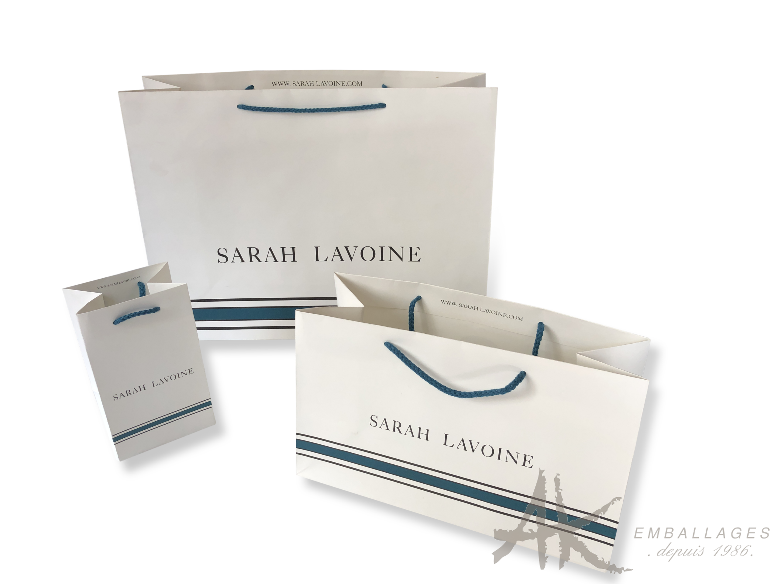 3 sacs en papier avec cordon coton bleu - logo SARAH LAVOINE