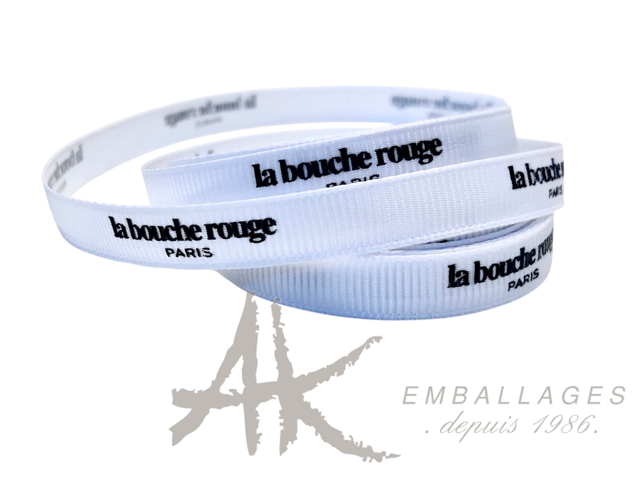 ruban gros grain blanc logo LA BOUCHE ROUGE