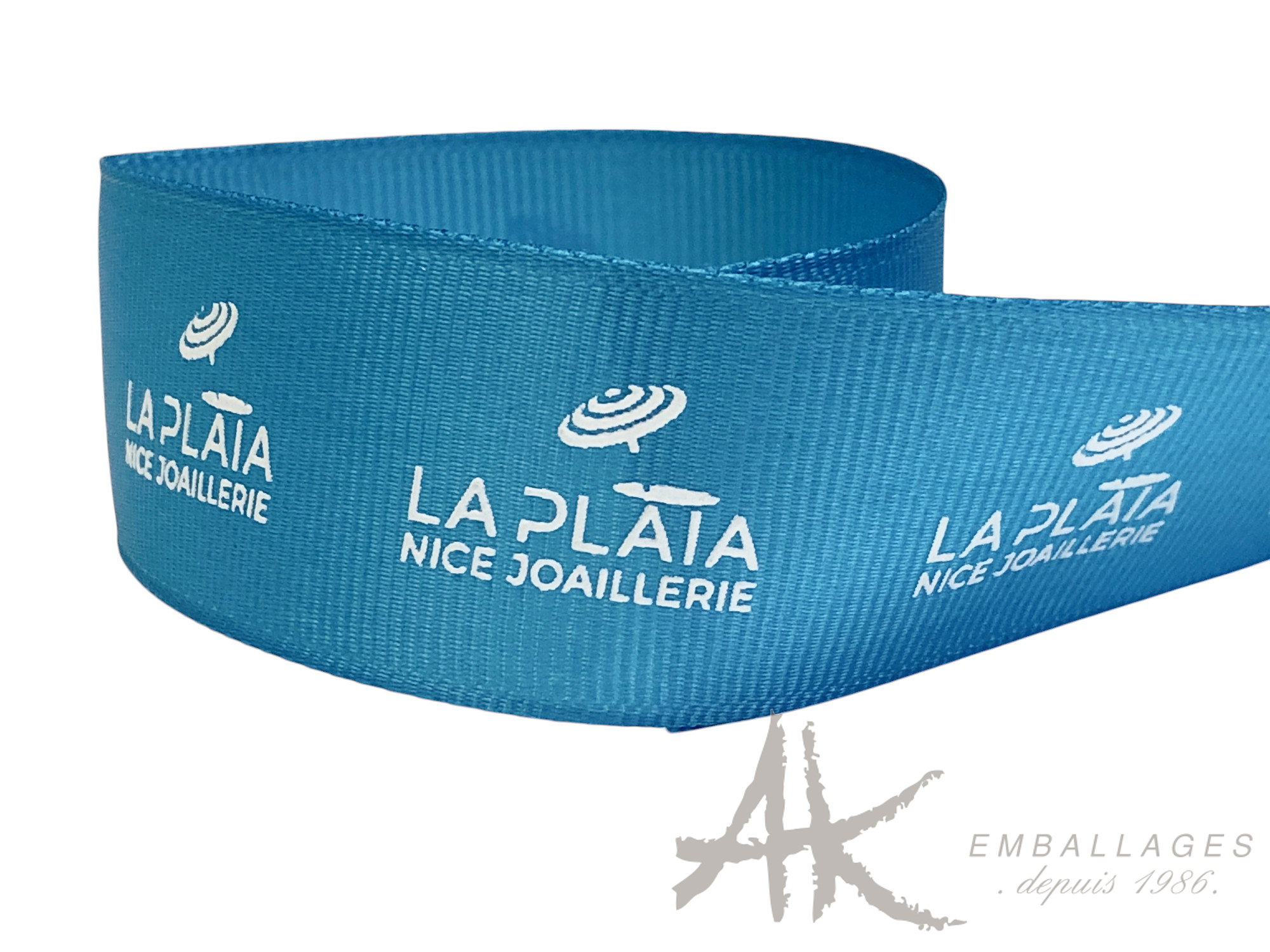 ruban gros grain bleu _ logo blanc LA PLAIA NICE