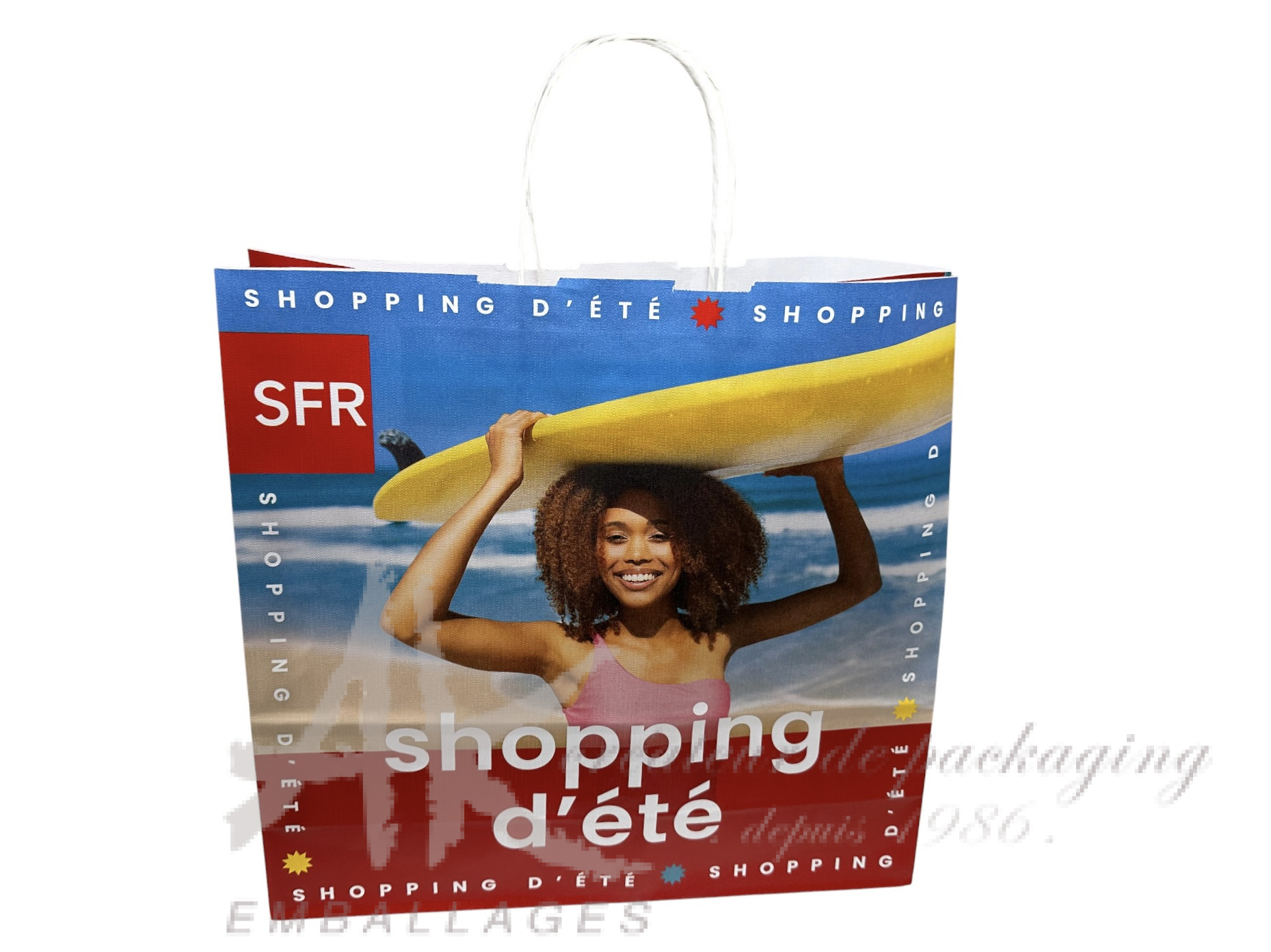 sac papier poignée papier torsadée collée - logo SFR planche de surf sur plage
