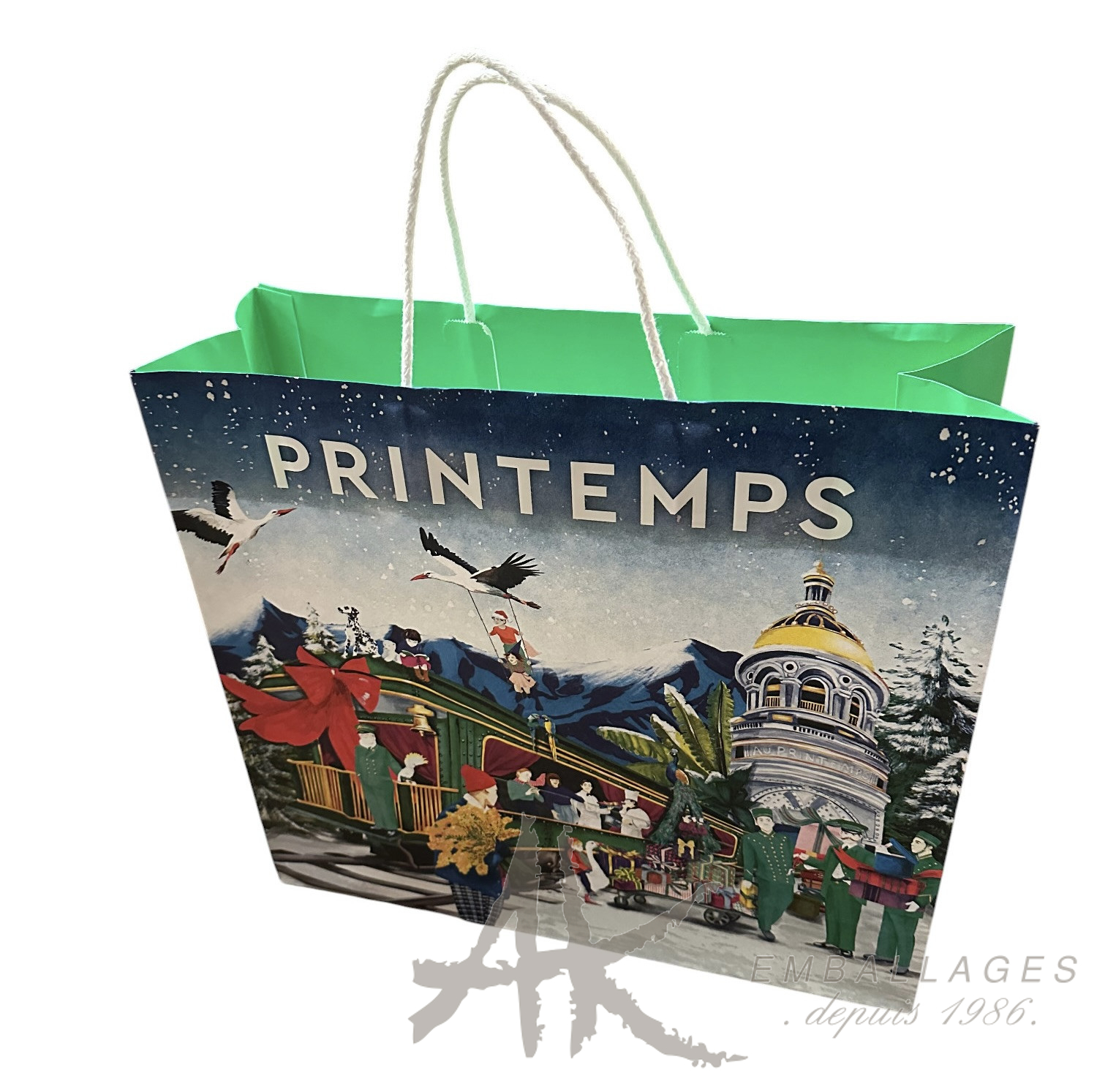 sac papier printemps - pognée coton torsadée - décor de NOEL avec cigogne et train