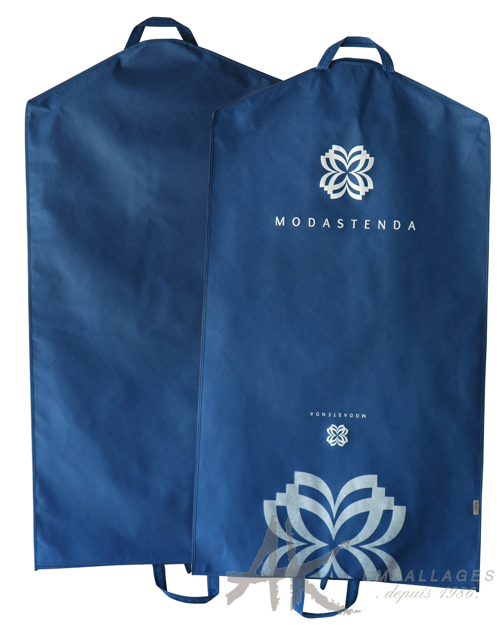 housse pour robes en non tissé bleu - logo blanc - 2 poignées